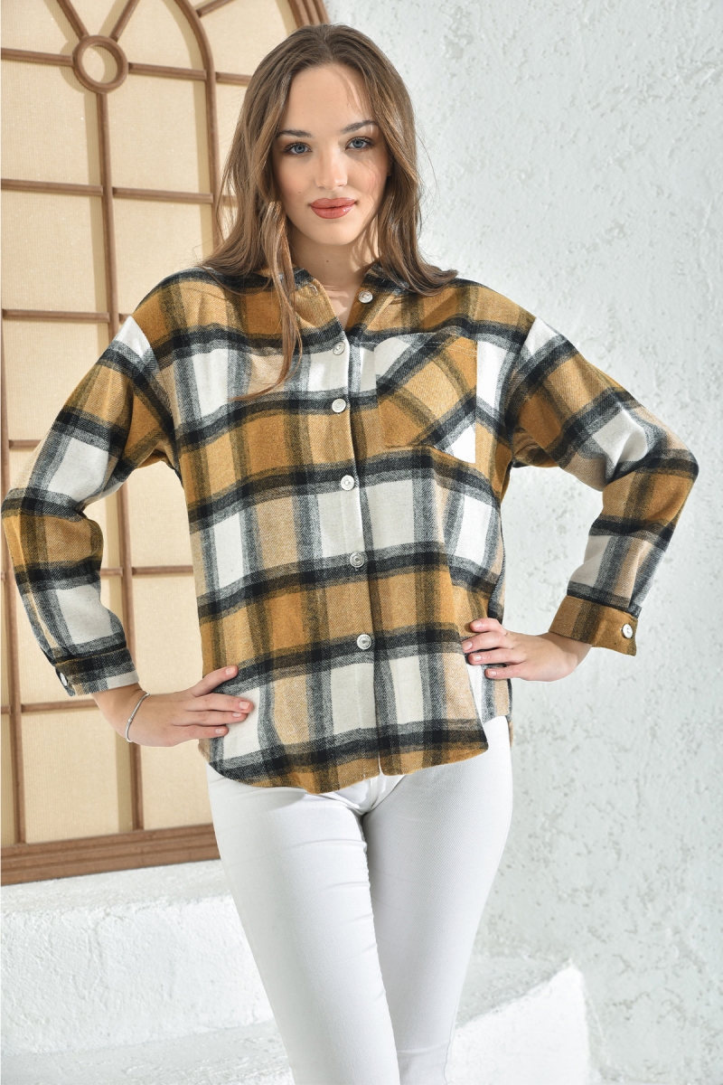 3850 Kapşonlu Ekose Desen Gömlek - Vizon - BİGDART