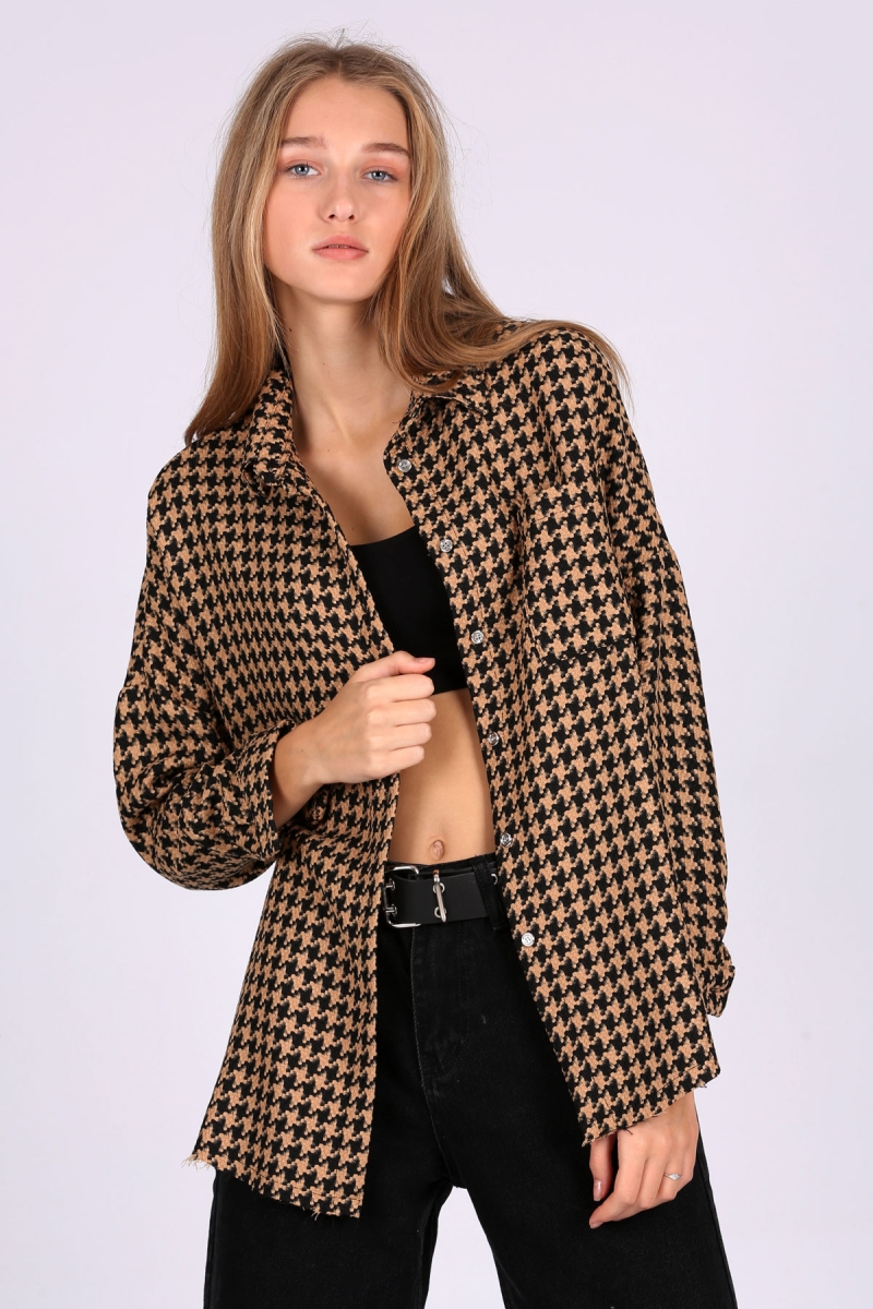 3852 Kazayağı Desen Gömlek - Vizon - BİGDART