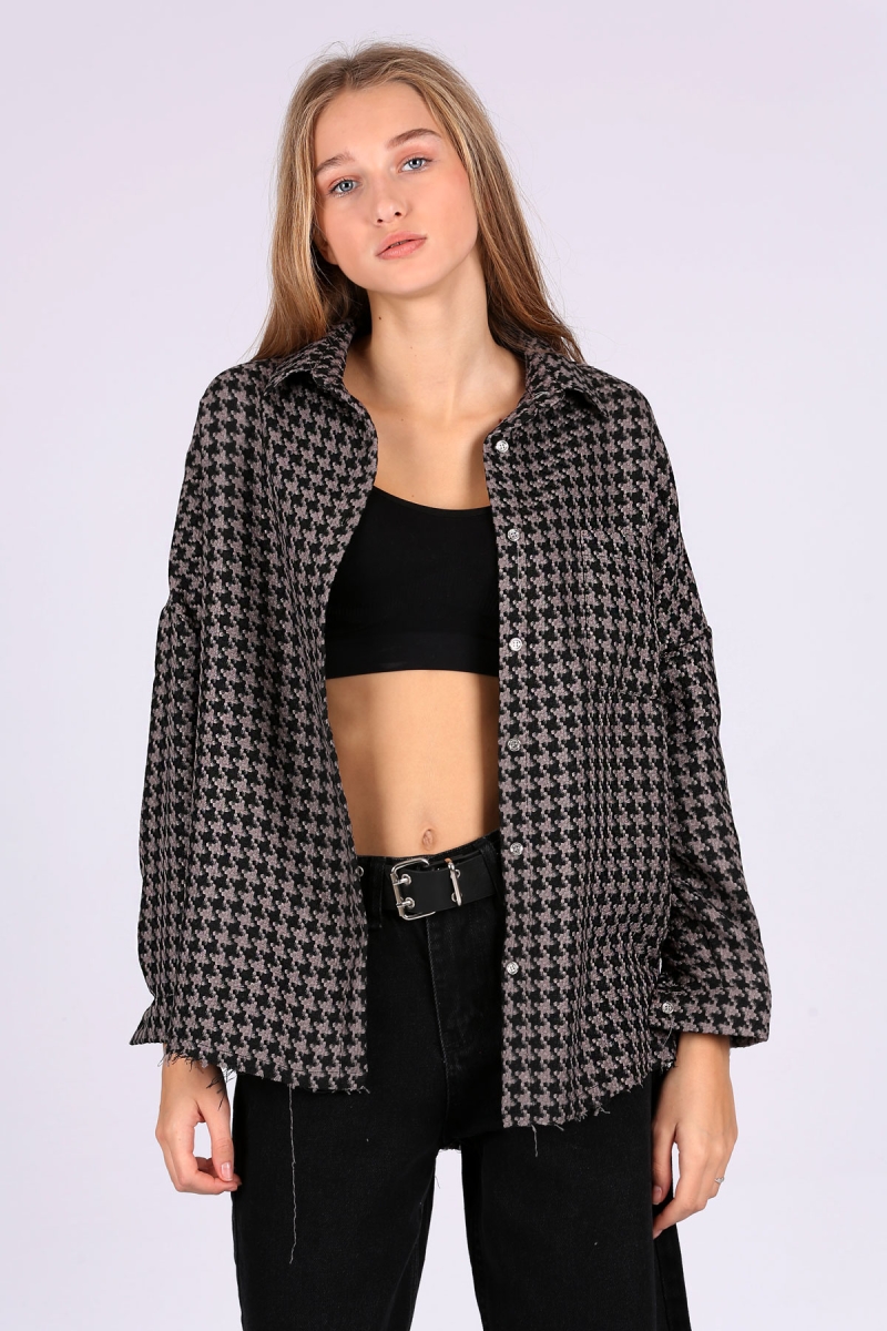 3852 Kazayağı Desen Gömlek - Gri - BİGDART