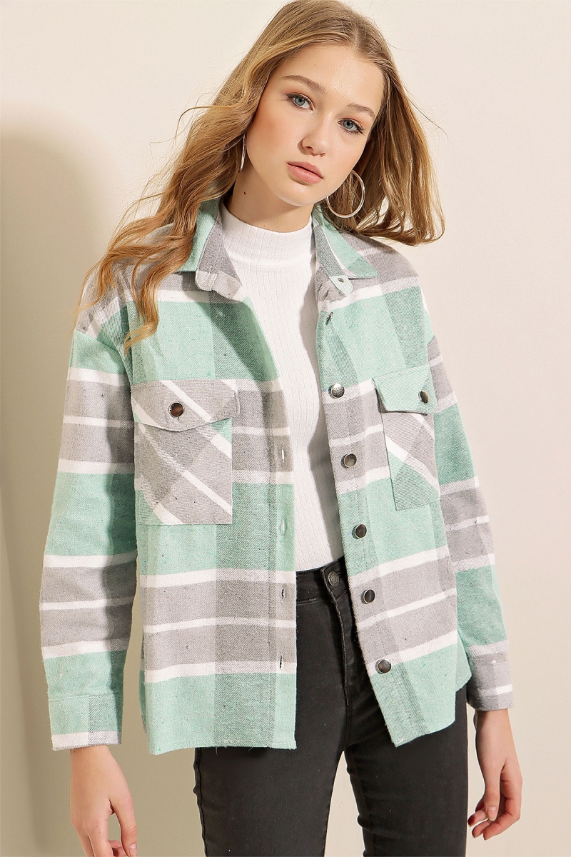 3854 Ekose Desen Çift Cepli Gömlek - Mint - BİGDART