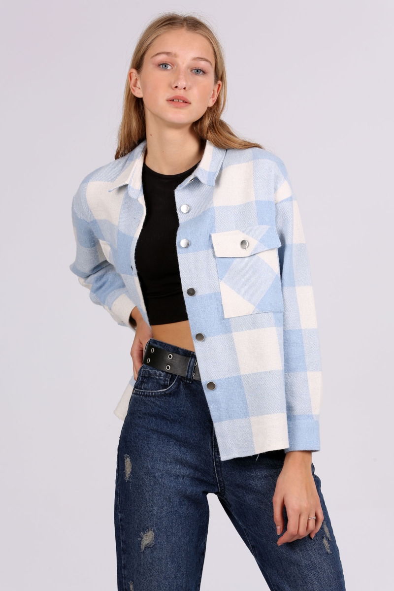 3854 Ekose Desen Çift Cepli Gömlek - Açık Mavi - BİGDART