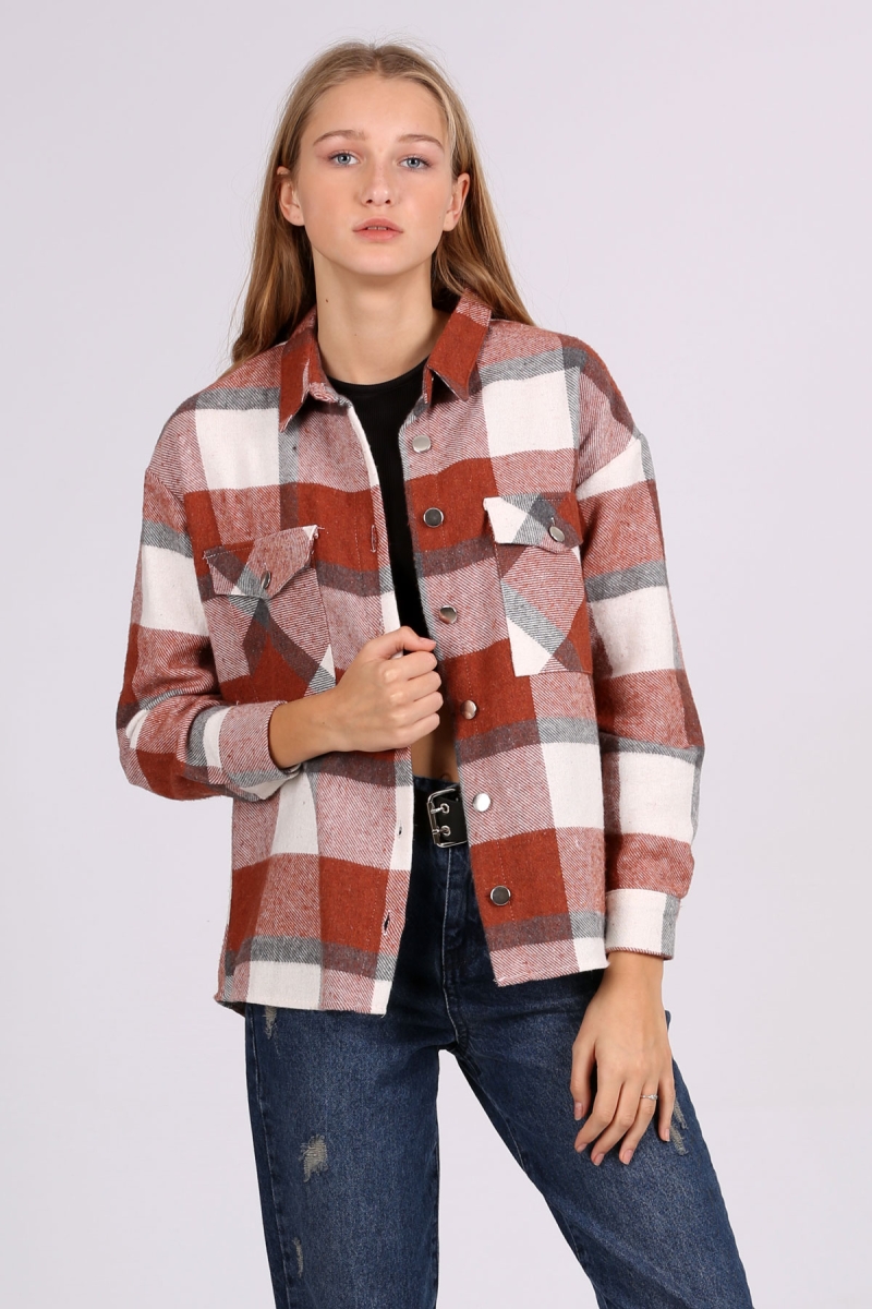 3854 Ekose Desen Çift Cepli Gömlek - Kiremit - BİGDART