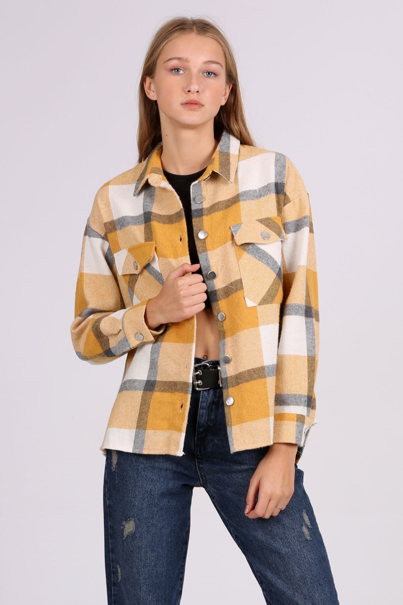 3854 Ekose Desen Çift Cepli Gömlek - Hardal - BİGDART