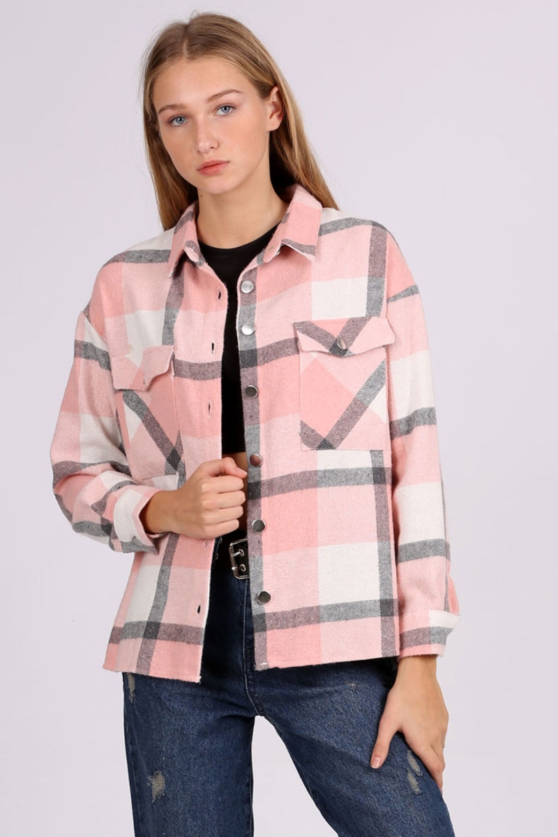 3854 Ekose Desen Çift Cepli Gömlek - Pembe - BİGDART