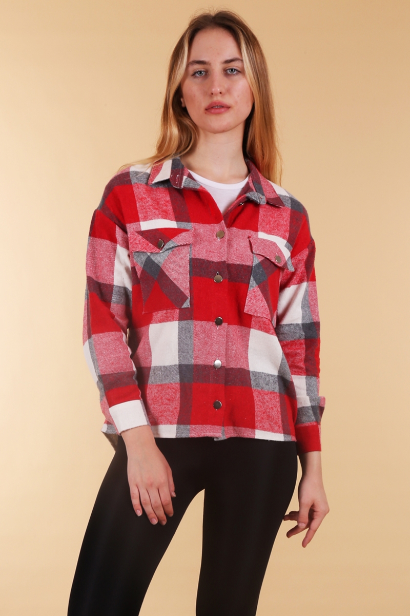 3854 Ekose Desen Çift Cepli Gömlek - Kırmızı - BİGDART