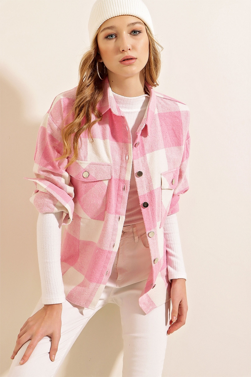 3854 Ekose Desen Çift Cepli Gömlek - A. Pembe - BİGDART