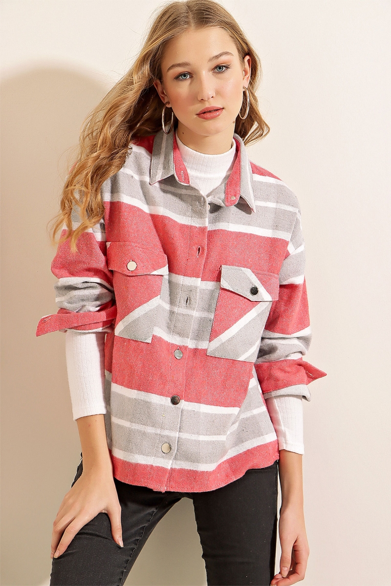 3854 Ekose Desen Çift Cepli Gömlek - Gri - BİGDART