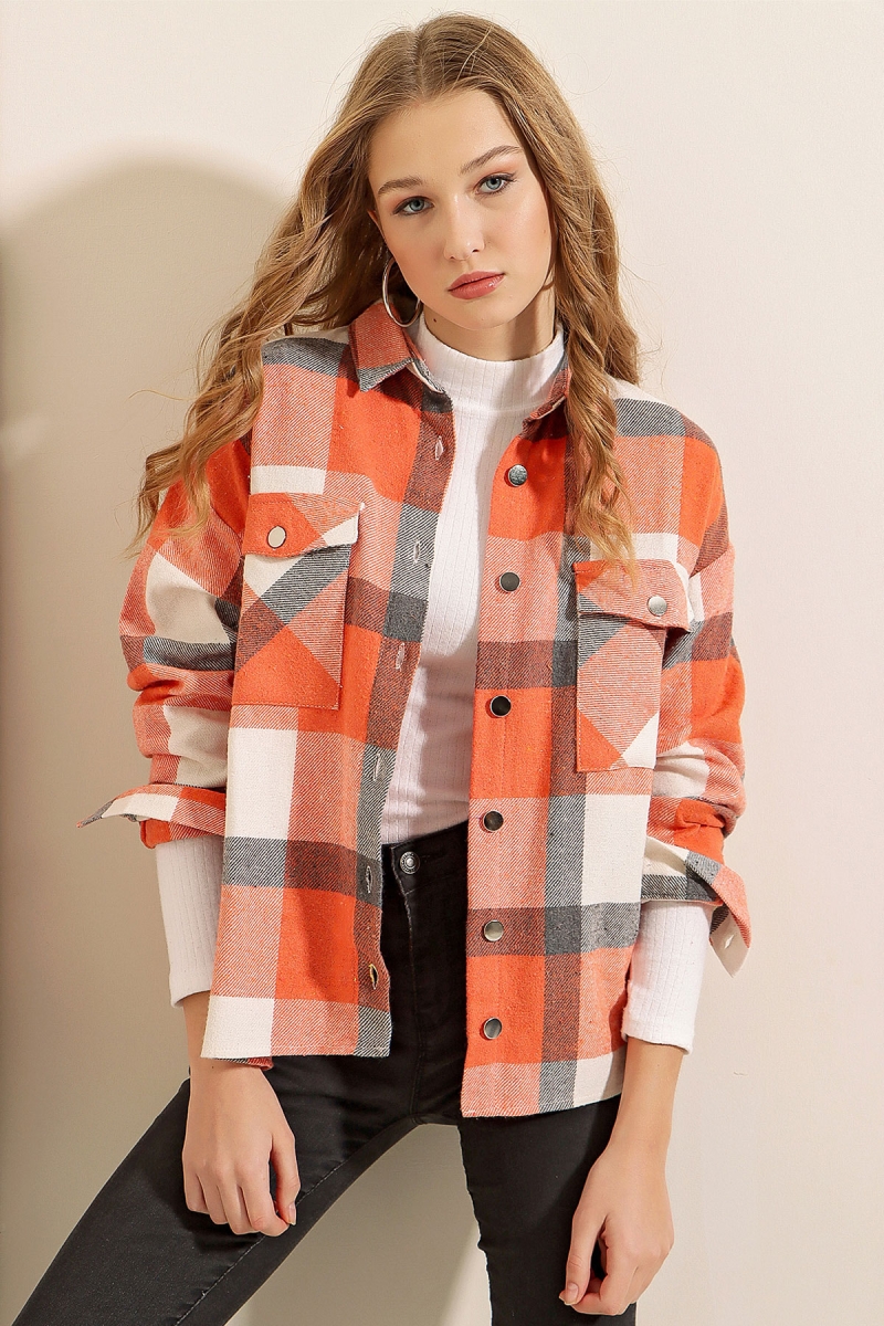 3854 Ekose Desen Çift Cepli Gömlek - Turuncu - BİGDART