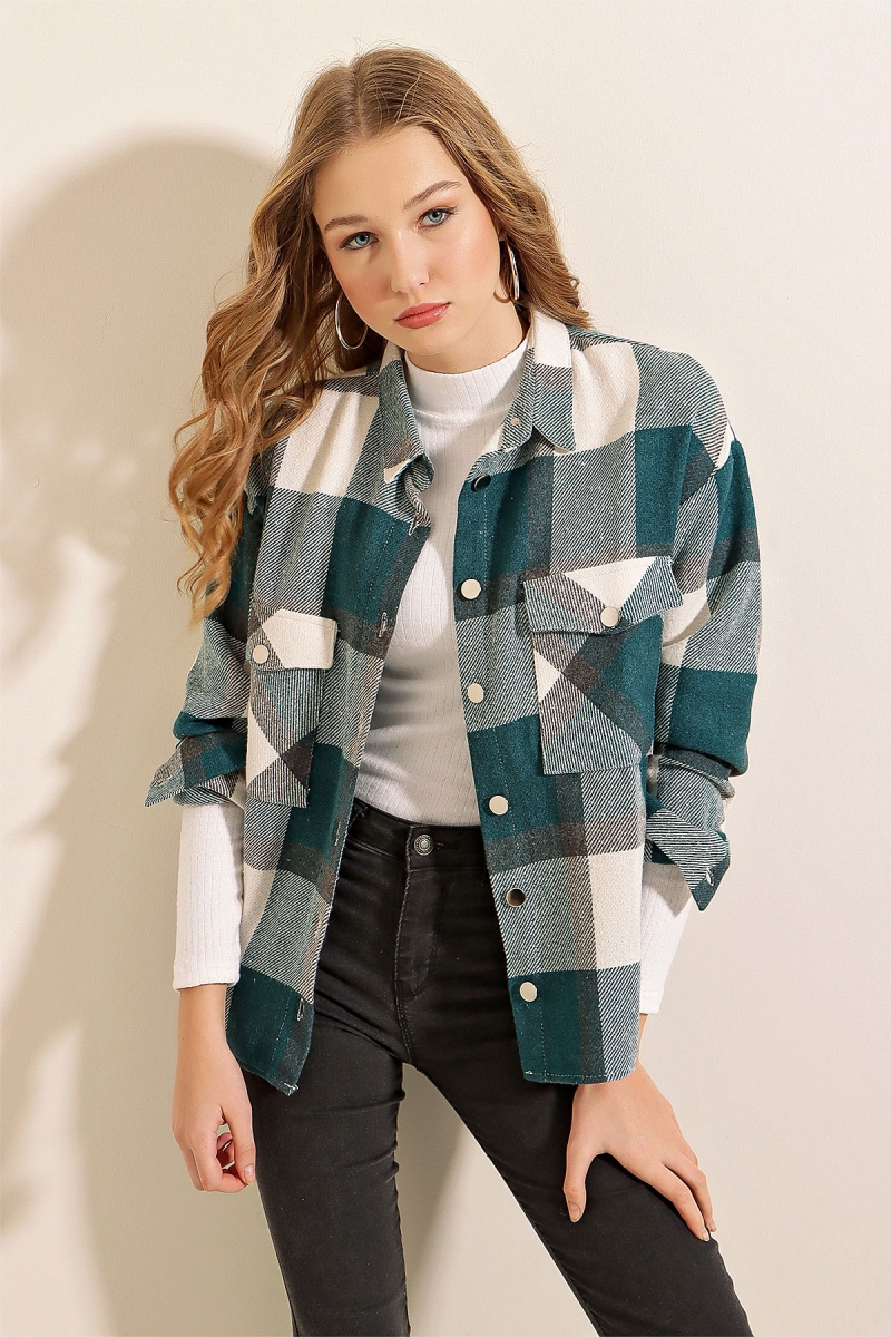 3854 Ekose Desen Çift Cepli Gömlek - Petrol - BİGDART