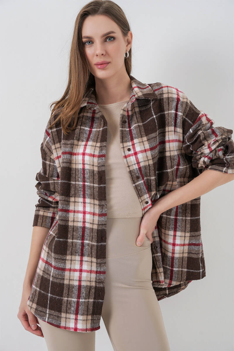 Kadın Ekose Desen Oversize Oduncu Gömlek 3854 Vizon - BİGDART