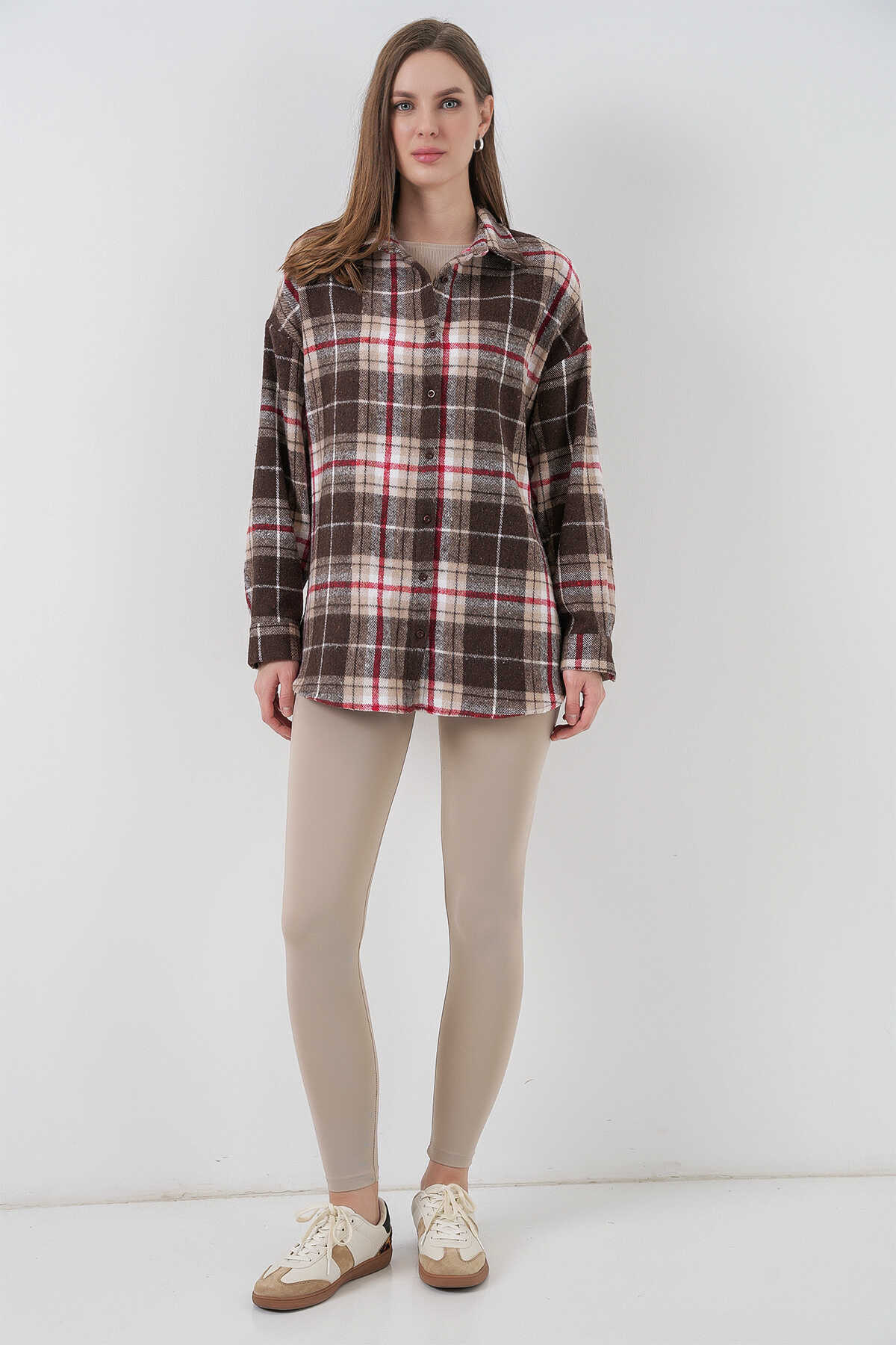 Kadın Ekose Desen Oversize Oduncu Gömlek 3854 Vizon - 8