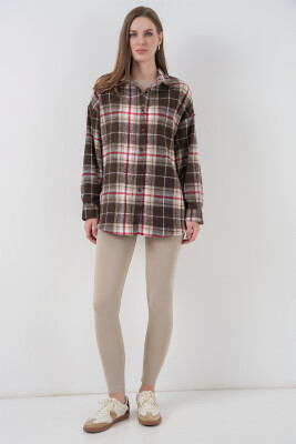 Kadın Ekose Desen Oversize Oduncu Gömlek 3854 Vizon - 8