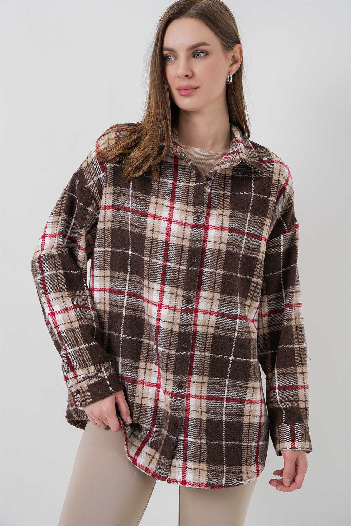 Kadın Ekose Desen Oversize Oduncu Gömlek 3854 Vizon - 10