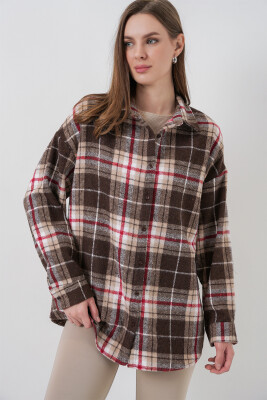 Kadın Ekose Desen Oversize Oduncu Gömlek 3854 Vizon - 10