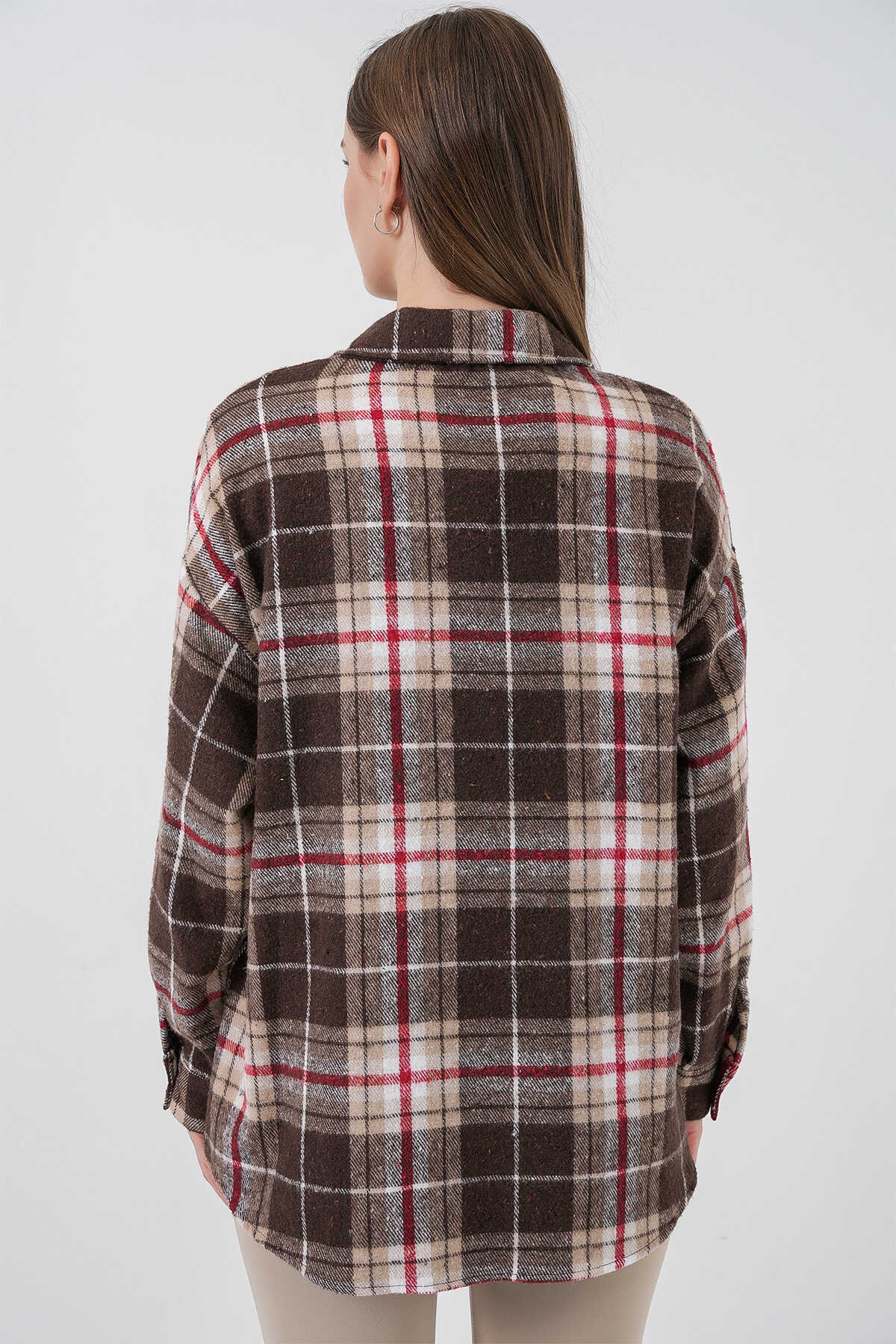 Kadın Ekose Desen Oversize Oduncu Gömlek 3854 Vizon - 12