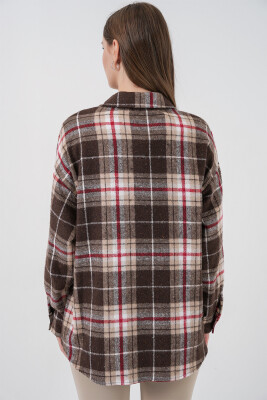 Kadın Ekose Desen Oversize Oduncu Gömlek 3854 Vizon - 12