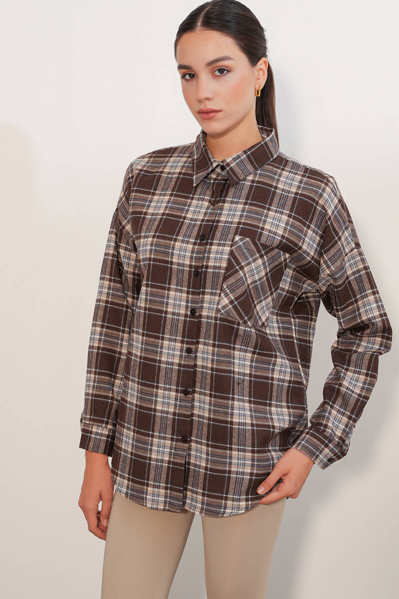 Kadın Ekose Desen Oversize Oduncu Gömlek 3854 Vizon