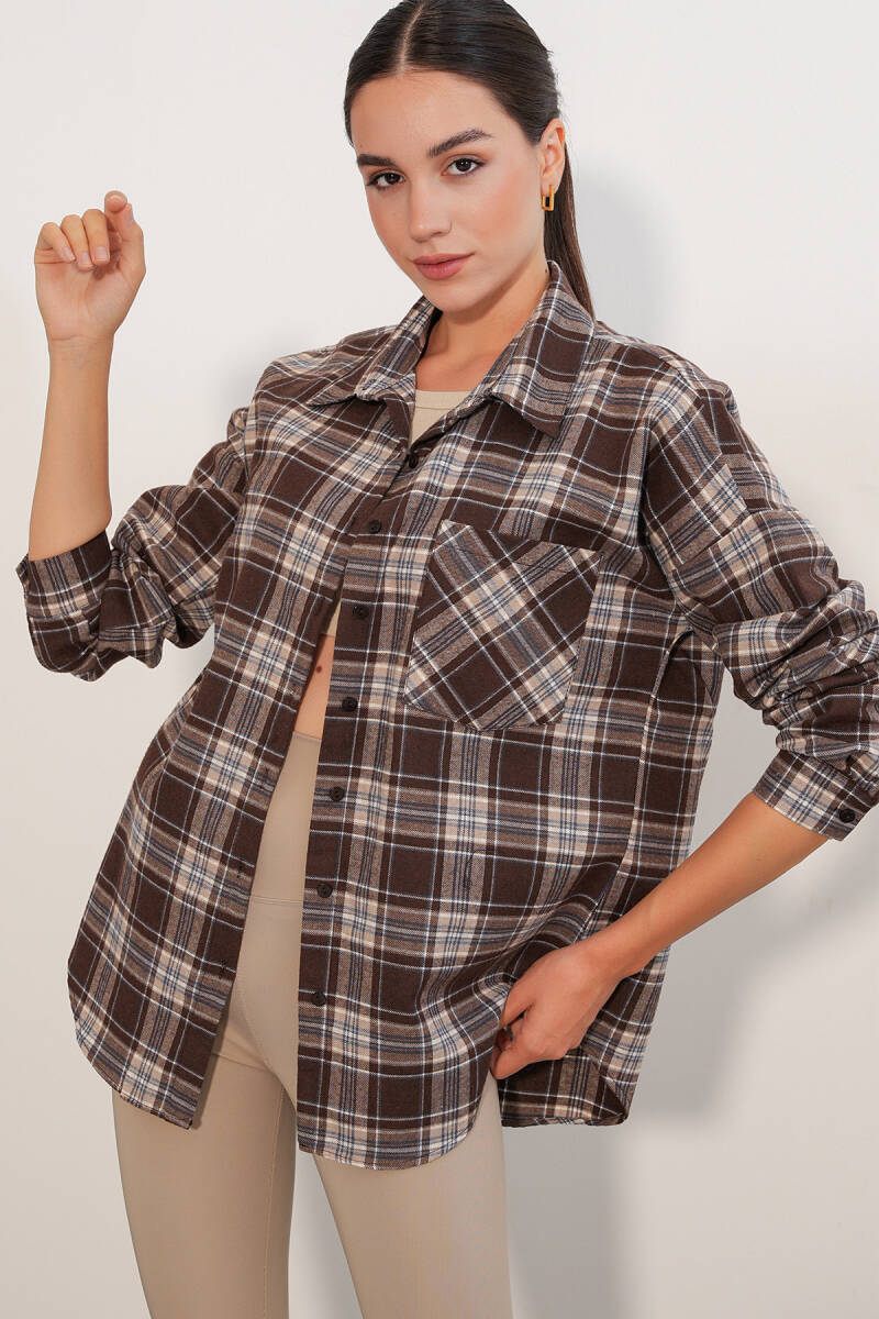 Kadın Ekose Desen Oversize Oduncu Gömlek 3854 Vizon (1)
