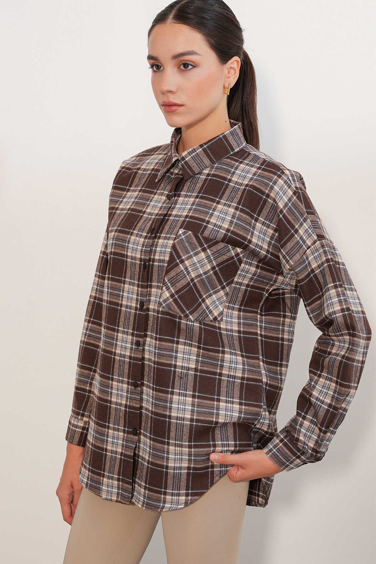 Kadın Ekose Desen Oversize Oduncu Gömlek 3854 Vizon - 3