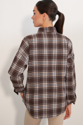 Kadın Ekose Desen Oversize Oduncu Gömlek 3854 Vizon - 6