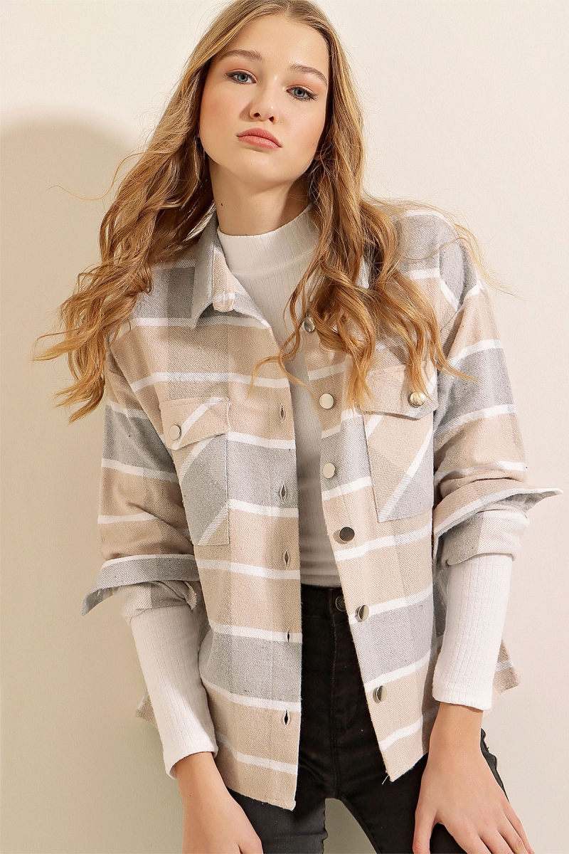 3854 Ekose Desen Çift Cepli Gömlek - Vizon - BİGDART