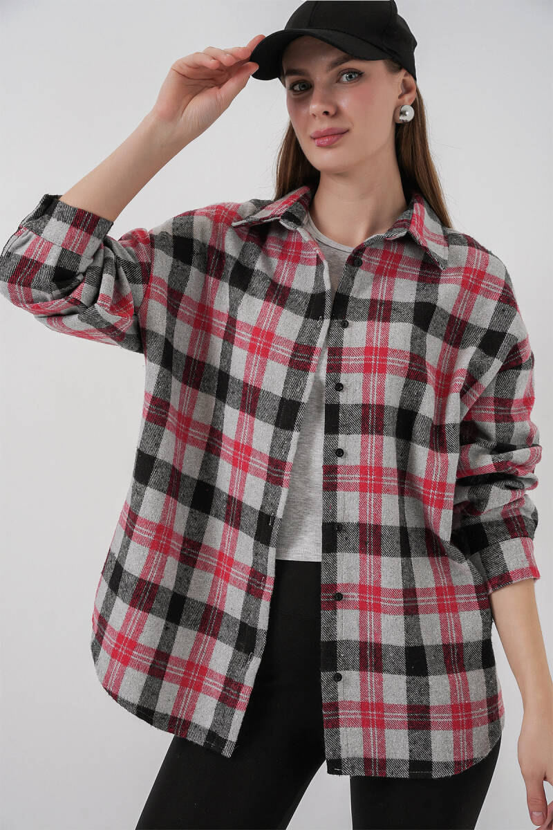 Kadın Ekose Desen Oversize Oduncu Gömlek 3854 Nar - BİGDART