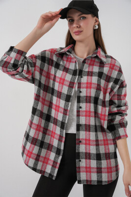 Kadın Ekose Desen Oversize Oduncu Gömlek 3854 Nar 