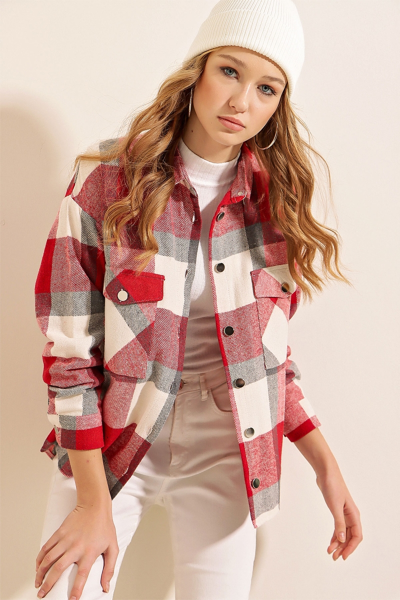 3854 Ekose Desen Çift Cepli Gömlek - Nar - BİGDART