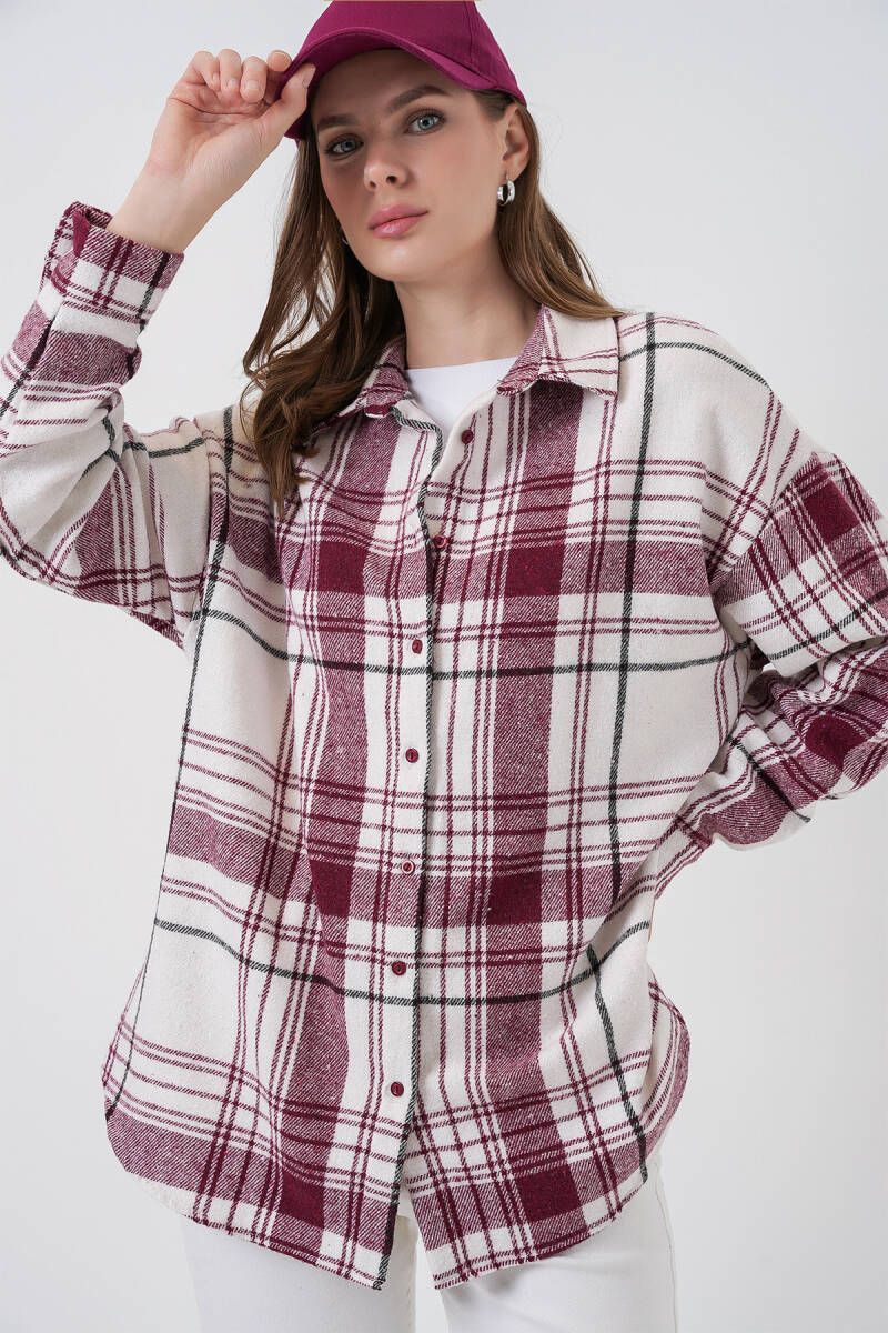 Kadın Ekose Desen Oversize Oduncu Gömlek 3854 Koyu Pembe - BİGDART