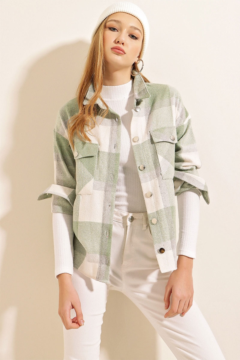 3854 Ekose Desen Çift Cepli Gömlek - Yeşil - BİGDART