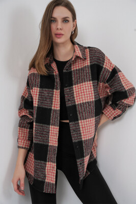 Kadın Ekose Desen Oversize Oduncu Gömlek 3854 A.Pudra - BİGDART