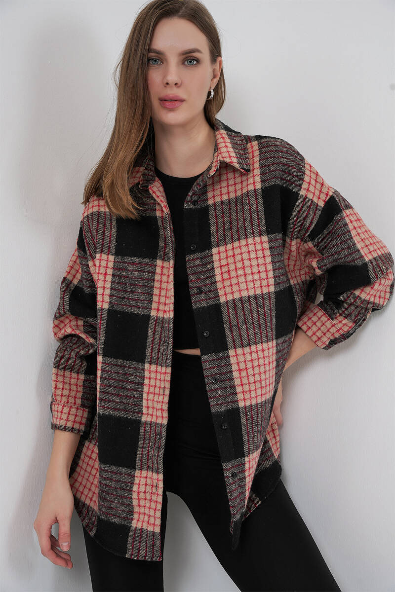Kadın Ekose Desen Oversize Oduncu Gömlek 3854 A.Pudra - BİGDART