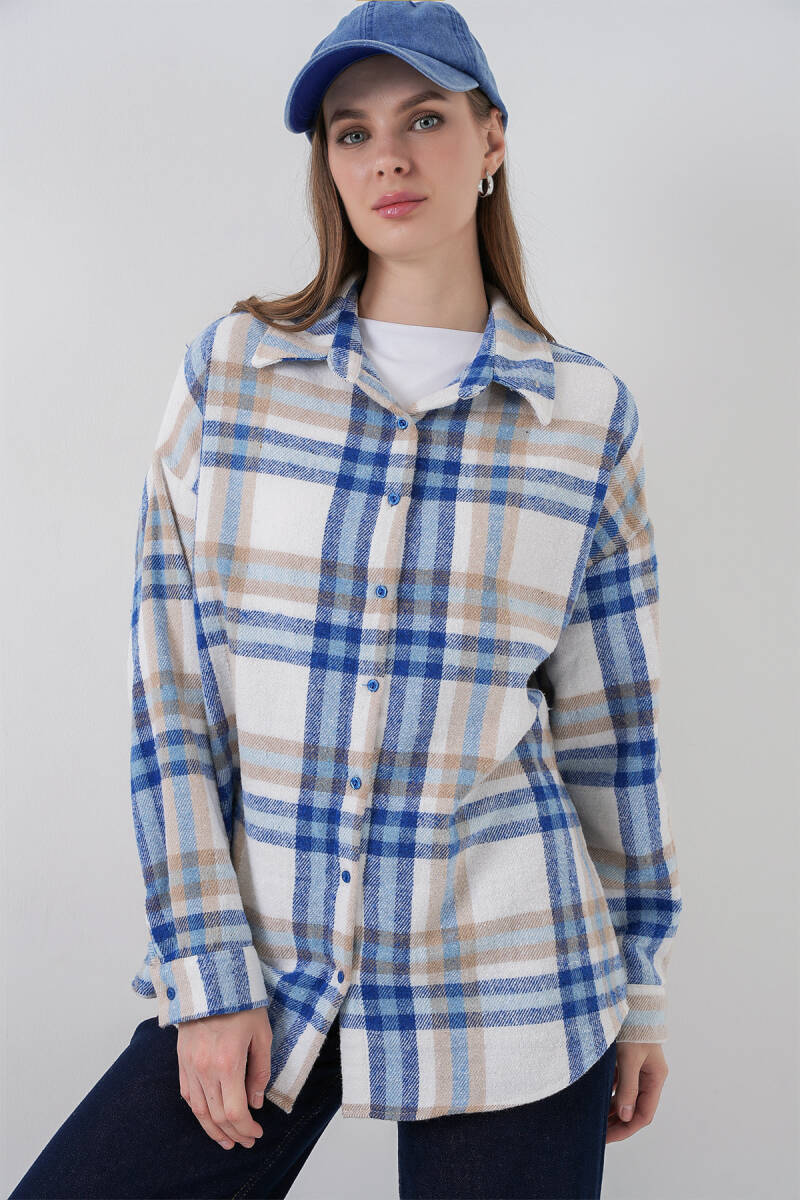 Kadın Ekose Desen Oversize Oduncu Gömlek 3854 A.Ekru - BİGDART