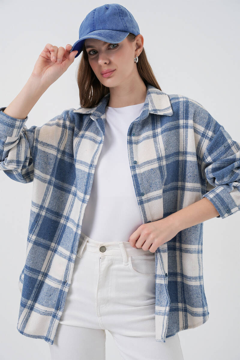 Kadın Ekose Desen Oversize Oduncu Gömlek 3854 Bebe Mavi - BİGDART