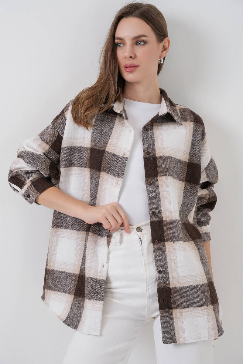 Kadın Ekose Desen Oversize Oduncu Gömlek 3854 Bisküvi - BİGDART