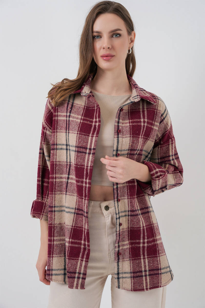 Kadın Ekose Desen Oversize Oduncu Gömlek 3854 Bordo - BİGDART