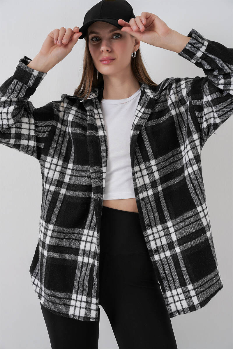 Kadın Ekose Desen Oversize Oduncu Gömlek 3854 D. Siyah - BİGDART