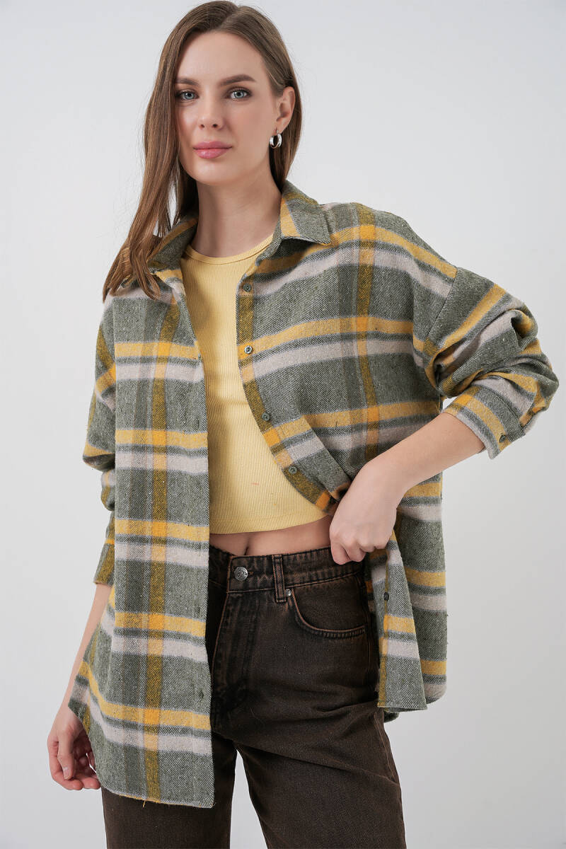 Kadın Ekose Desen Oversize Oduncu Gömlek 3854 E.Yeşil - BİGDART