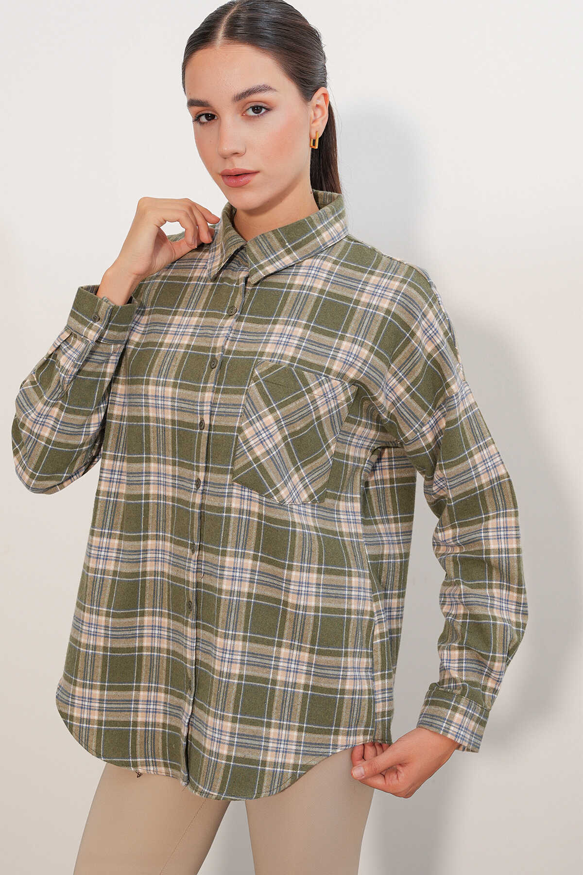 Kadın Ekose Desen Oversize Oduncu Gömlek 3854 E.Yeşil - 1