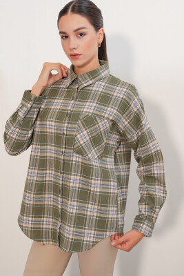 Kadın Ekose Desen Oversize Oduncu Gömlek 3854 E.Yeşil 