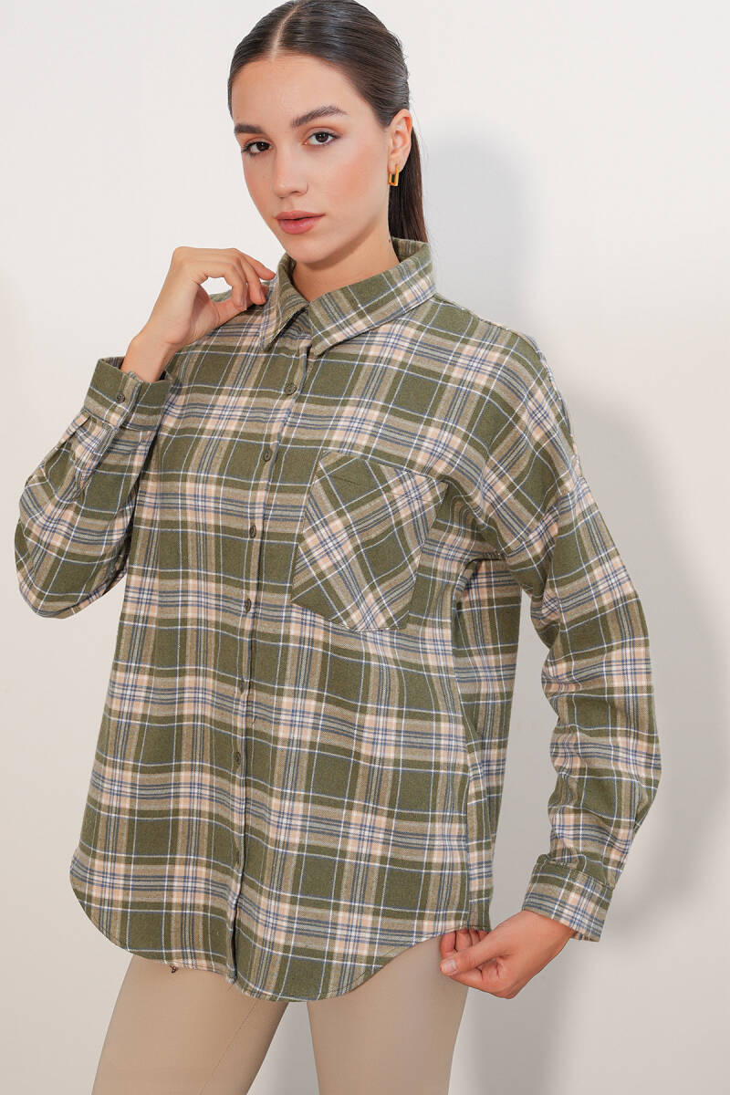 Kadın Ekose Desen Oversize Oduncu Gömlek 3854 E.Yeşil