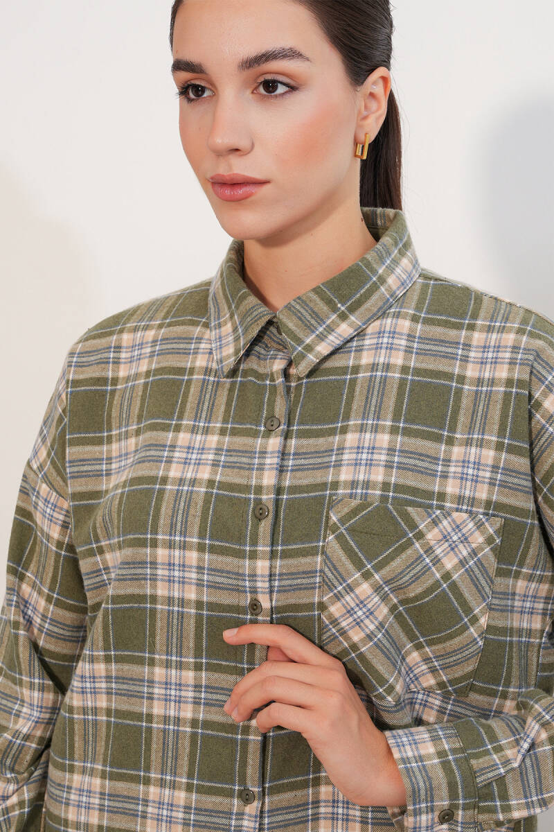 Kadın Ekose Desen Oversize Oduncu Gömlek 3854 E.Yeşil (1)
