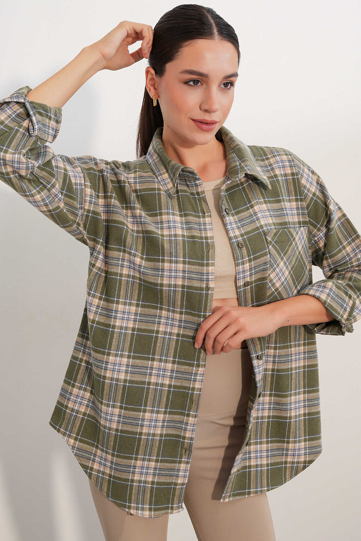 Kadın Ekose Desen Oversize Oduncu Gömlek 3854 E.Yeşil - 3