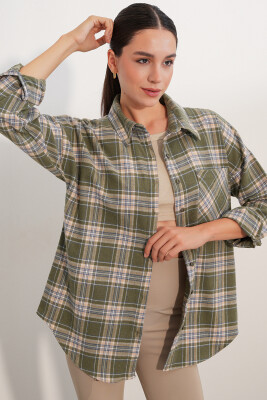 Kadın Ekose Desen Oversize Oduncu Gömlek 3854 E.Yeşil - 3