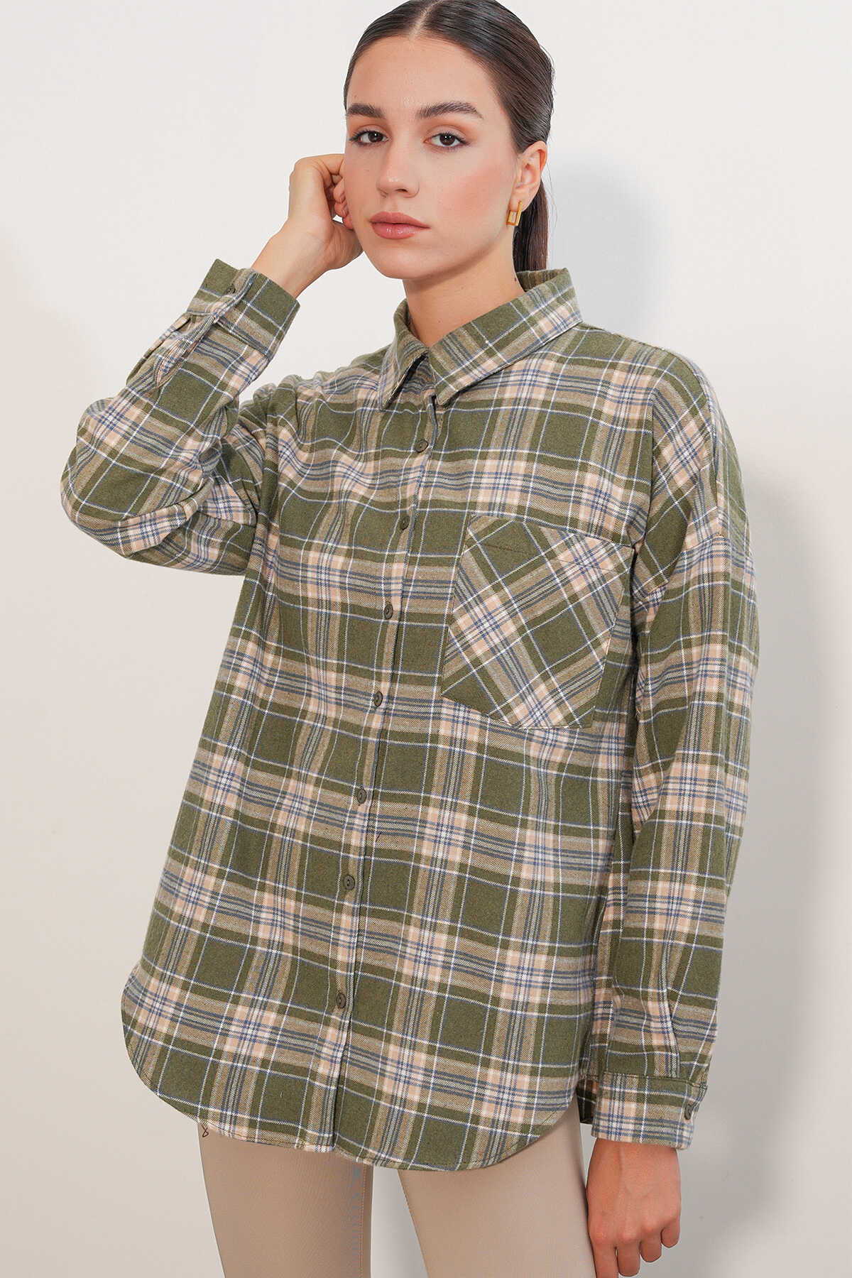 Kadın Ekose Desen Oversize Oduncu Gömlek 3854 E.Yeşil - 4