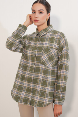 Kadın Ekose Desen Oversize Oduncu Gömlek 3854 E.Yeşil - 4