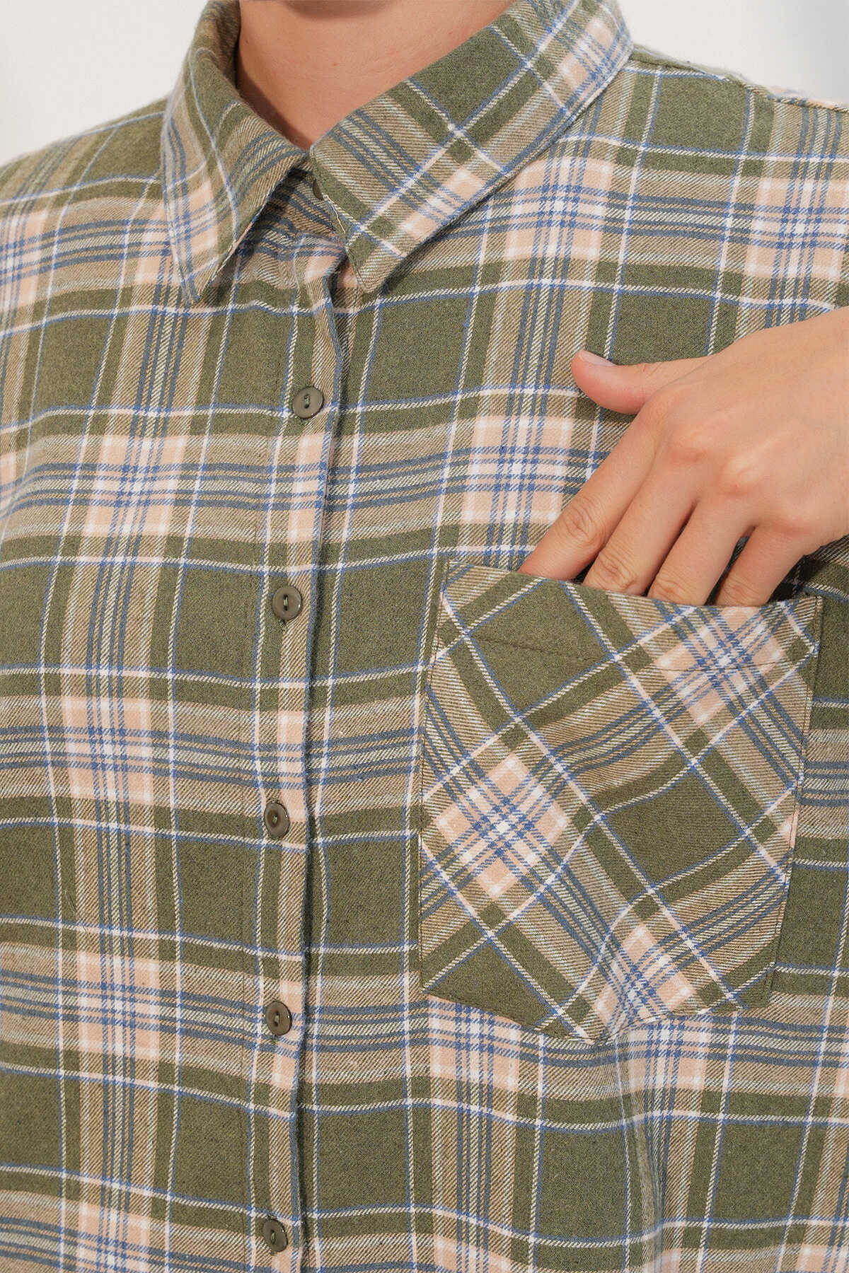 Kadın Ekose Desen Oversize Oduncu Gömlek 3854 E.Yeşil - 5