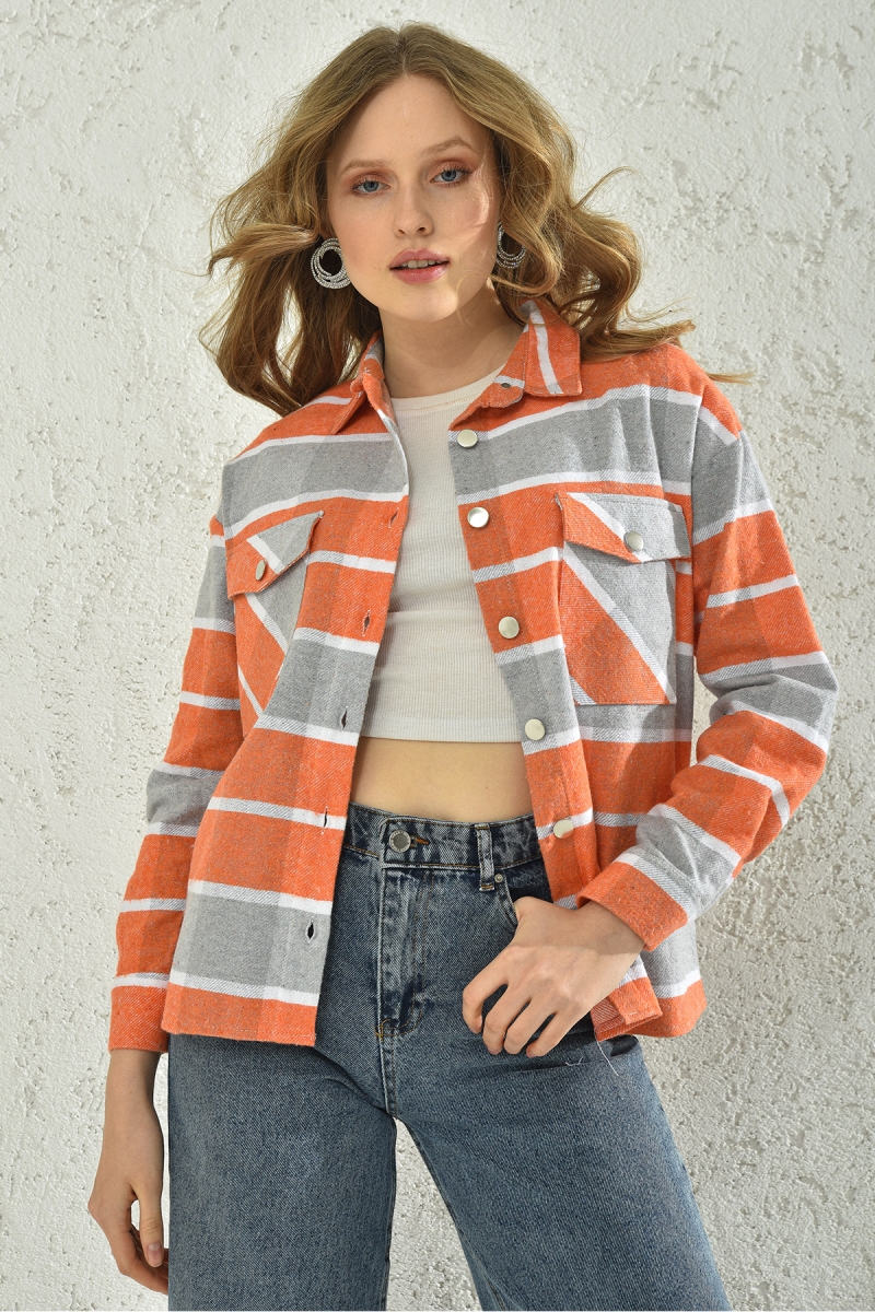 3854 Ekose Desen Çift Cepli Gömlek - Oranje - BİGDART