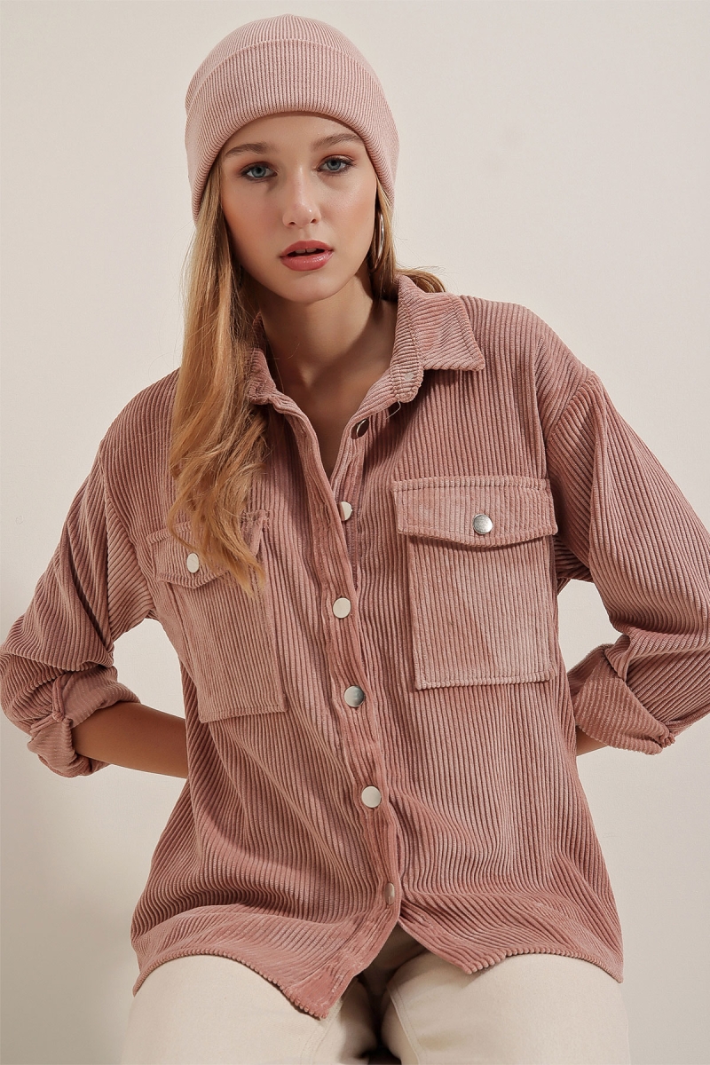 3865 Çizgili Kadife Gömlek - Pudra - BİGDART