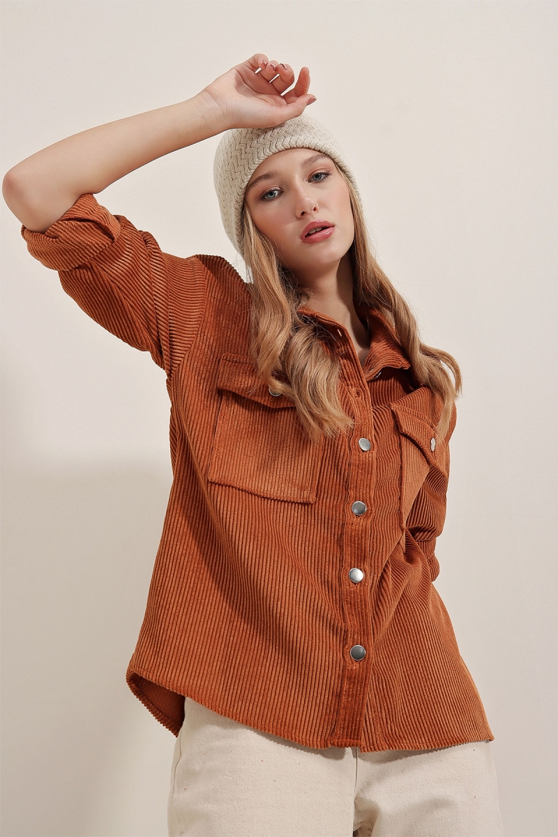 3865 Çizgili Kadife Gömlek - Taba - BİGDART